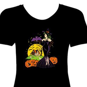 Glamorous Halloween Pinup Witch Black T-Shirt